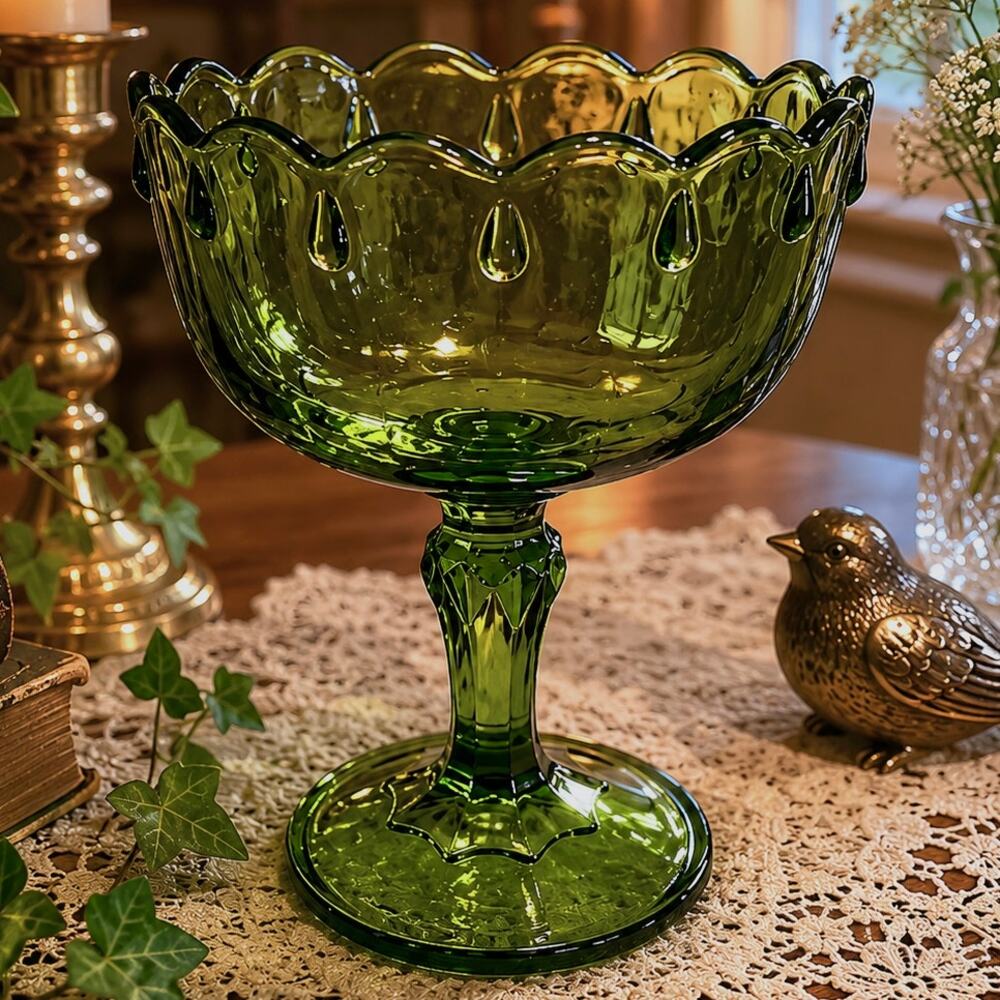 Indiana Glass Teardrop Compote in Olive Green